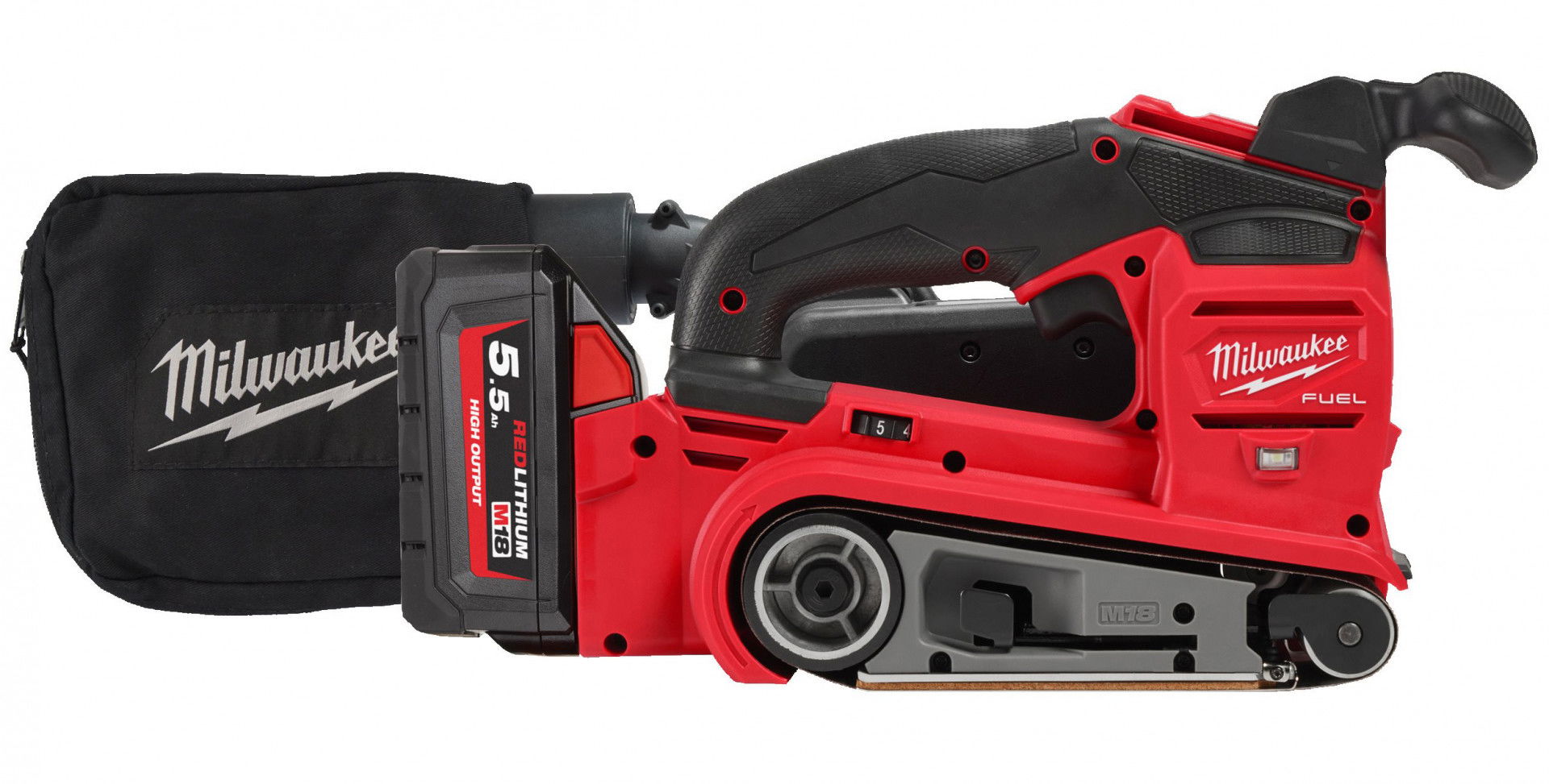 Milwaukee M18 FBTS75-552X FUEL™ akkus szénkefe nélküli szalagcsiszoló (2 x 5.5 Ah Li-ion akkuval) termék fő termékképe